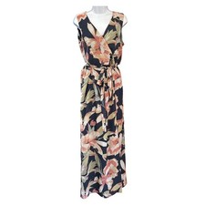 Nine West Maxi Dress Tropical Floral Chiffon Boho Vacation Navy Size 8 Romantic