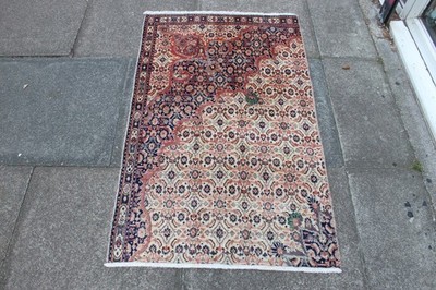 Vintage Fragment Handgeknüpfter Traditioneller Orientteppich Wolle Weiß Blau 129x78cm
