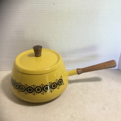 Vintage MCM Sauce/Fondue Pot Mustard Yellow Wood Handle Japan