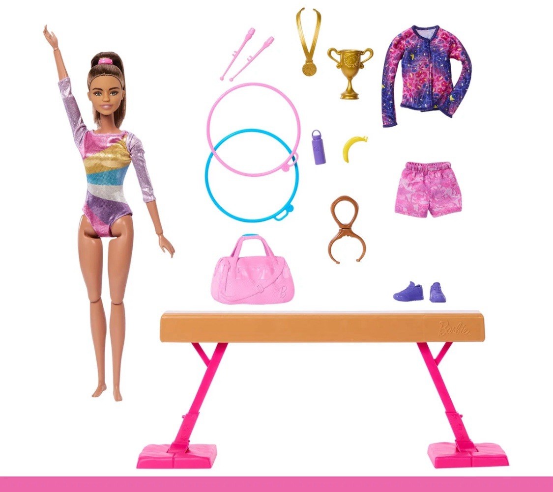 Barbie Gymnastics Playset with Doll Balance Beam 10 Accessories for Kids