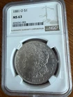 1881-0 Morgan Silver Dollar Coin 90% Pure MS63 NGC