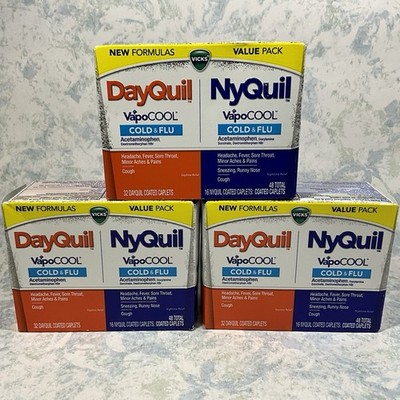 Vick DayQuil & NyQuil VapoCool Cold & Flu Caplets 48 CT ( Lot of 3 ) Exp 11/27