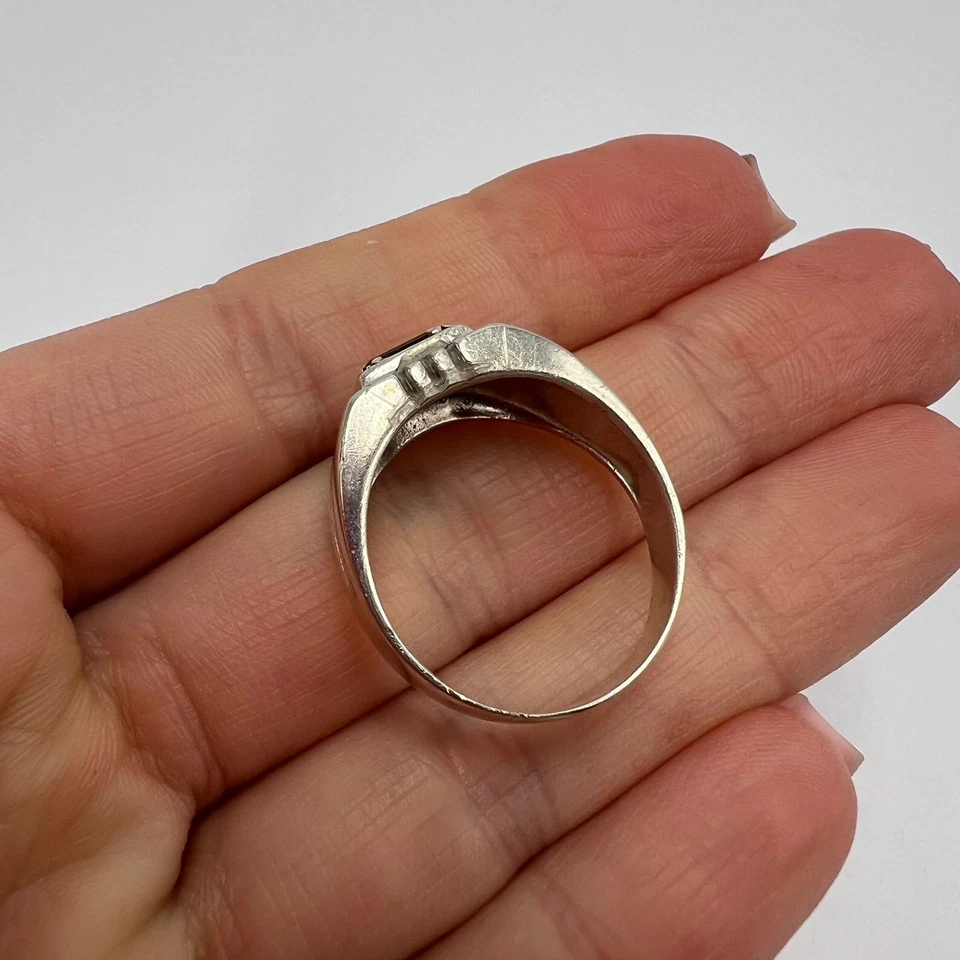 Anello vintage in argento sterling 925 zirconi rossi gioielli da uomo misura 9,5 - Immagine 3 di 4