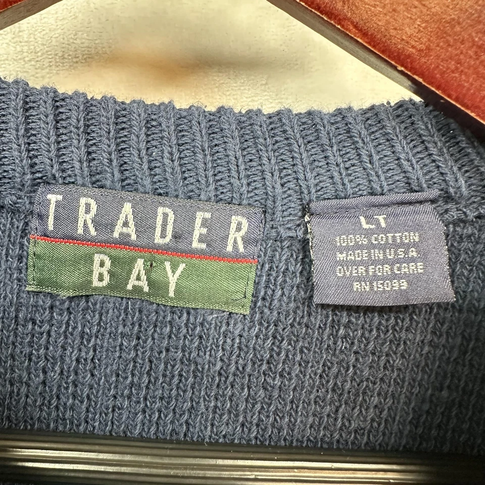 Vintage Trader Bay Sweater Mens LT Navy Blue 100% Cotton Ribbed Knit Made USA - Image 4 of 4