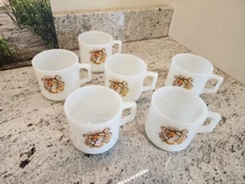 Vintage Set Of 6 Fire King Milk Glass Mugs, Esso Tiger logo, Excellent Condition
