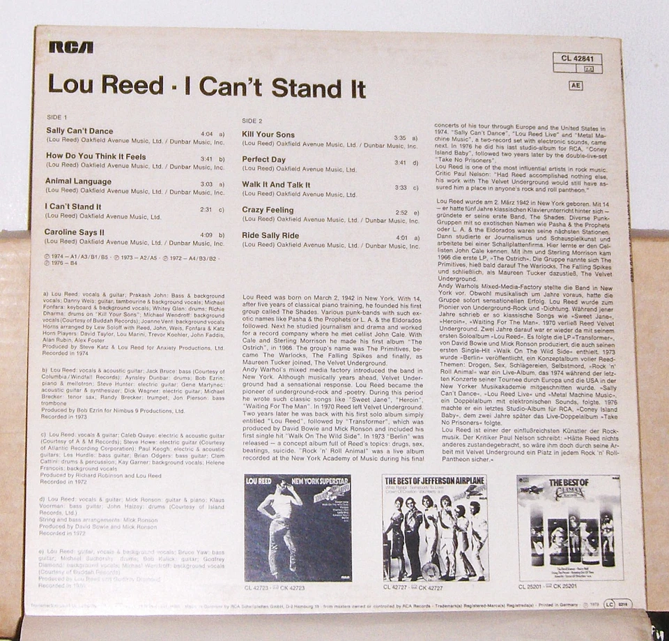 Lou Reed – I Can't Stand It - 1979 Import Vinyl LP Record Album - Excellent Foto 2 de 2