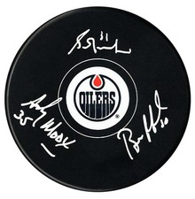 Grant Fuhr, Andy Moog, and Bill Ranford Triple Autographed Edmonton Oilers Puck