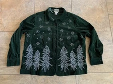 CJ Banks Women’s 1X Corduroy Shirt Jacket Green Winter Pine Trees Snowflakes 
