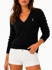 Polo Ralph Lauren Womens Cable Knit V Neck Sweater 100% Cotton Black NWT