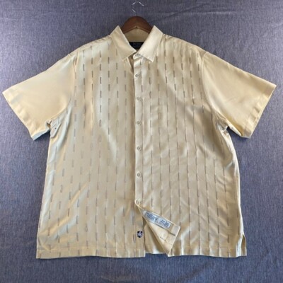 Nat Nast Shirt Mens Extra Large XL Beige Silk Button Up Short Sleeve Embroidered