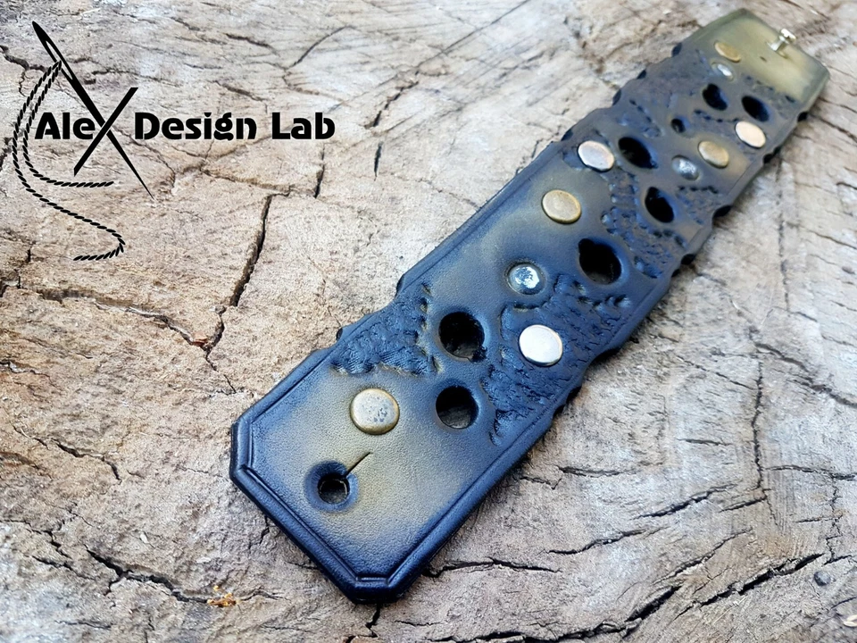 Brazalete ancho marrón oliva quemado cuero tachonado pulsera para hombre clase extra genuino Foto 4 de 4