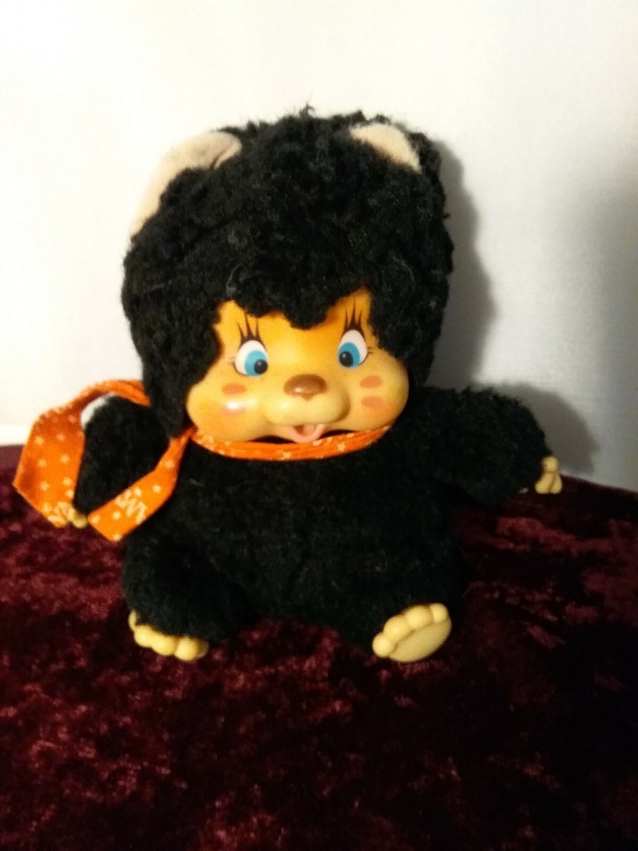 Vintage Monchhichi Nyamy Washino Black Cat Plush Doll 7” Sucking