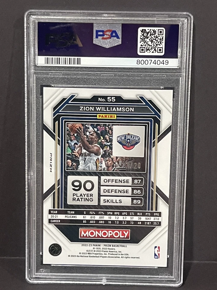 Zion Williamson 2022-23 MONOPOLY GREEN MONEY SHIMMER #/20 Rare PSA 10 Pelicans - Image 2 of 2