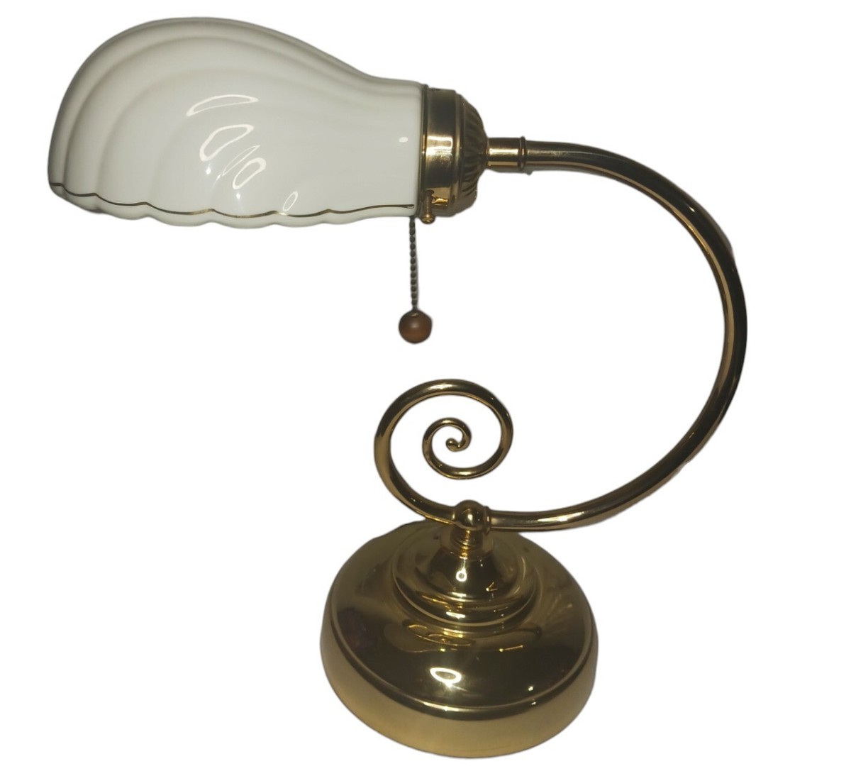 Vintage MCM Brass Desk Table Banker Pharmacy Lamp W/ Porcelain