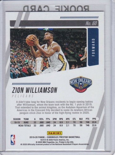 ZION WILLIAMSON ROOKIE CARD Pelicans Basketball 2019/20 PANINI PRESTIGE $$ RC - Picture 2 of 2
