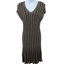 Fitted Sweater Dress Womens Size M Ribbed Knit Grey Brown Sleeveless Max Studio