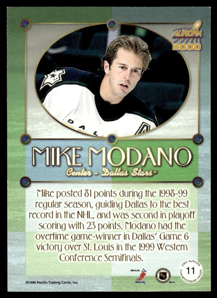 1999-00 Pacific Aurora Championship Fever Mike Modano Dallas Stars #11 - Image 2 of 2