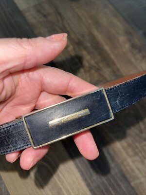 St.John Navy Blue Leather Belt Gold Buckle Size P (XS) Made  display picture 3