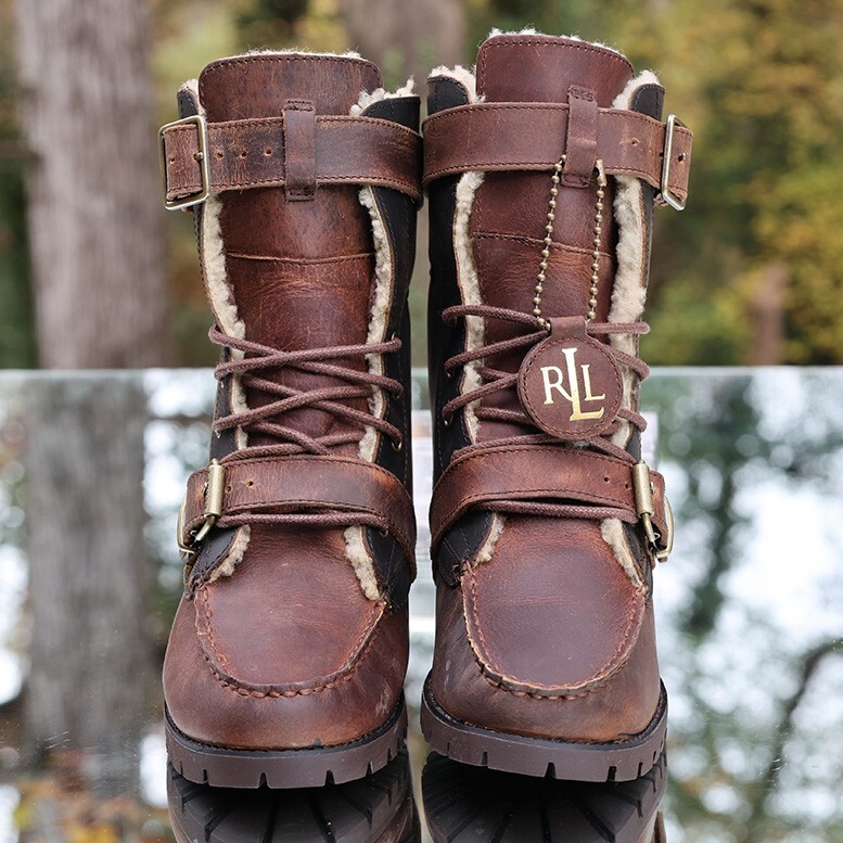 Ralph Lauren Zacha Shearling Leather Combat Boots Brown Roll Over
