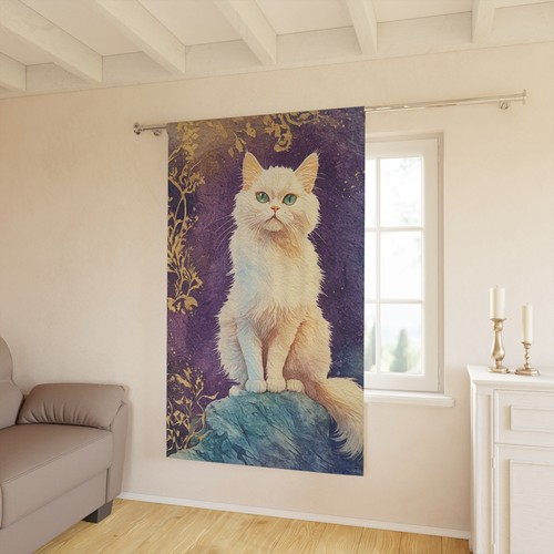 Fluffy White Cat Window Curtain, Water color style, Cat Lovers Home Decor,