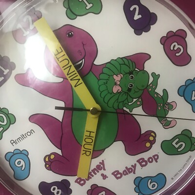 Vintage Barney Purple Dinosaur Wall Clock Teach Me Time Baby Bop