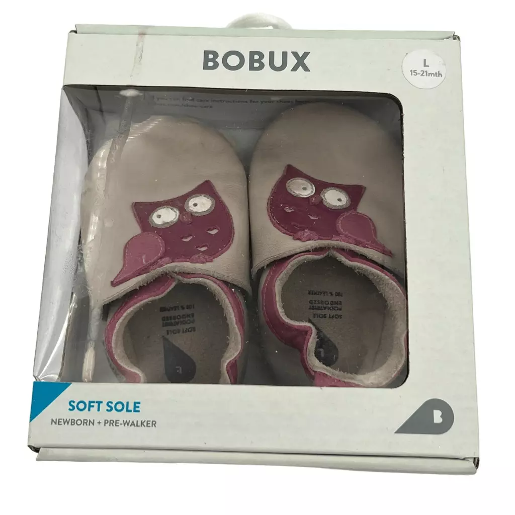 BOBUX Soft Sole Genuine Leather Baby Shoe Newborn Pre-walker 15-21 Mo Milk  Owl