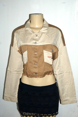 NWT WOMENS TOMMY HILFIGER JEANS BROWN BEIGE COLOR BLOCK CROP JACKET SIZE L