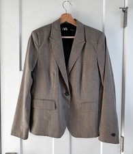 Zara Basic Plaid Brown Blazer Tailored Jacket One Button Size 10 US