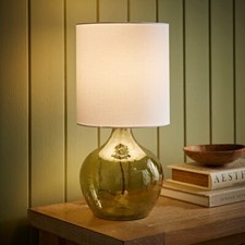 Emily Green Glass Teardrop Table Lamp Natural Linen Drum Lampshade Lounge Light