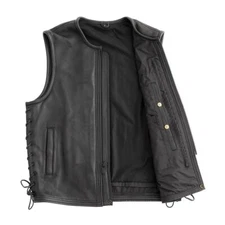 Men's Motorcycle Leather Vest Club Style Biker Vest side laces Gun pocket Vest