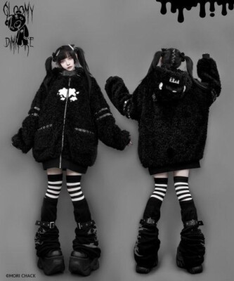 GLOOMY bear x DimMoire Fleece Hoodie Boa Parka black kawaii anime