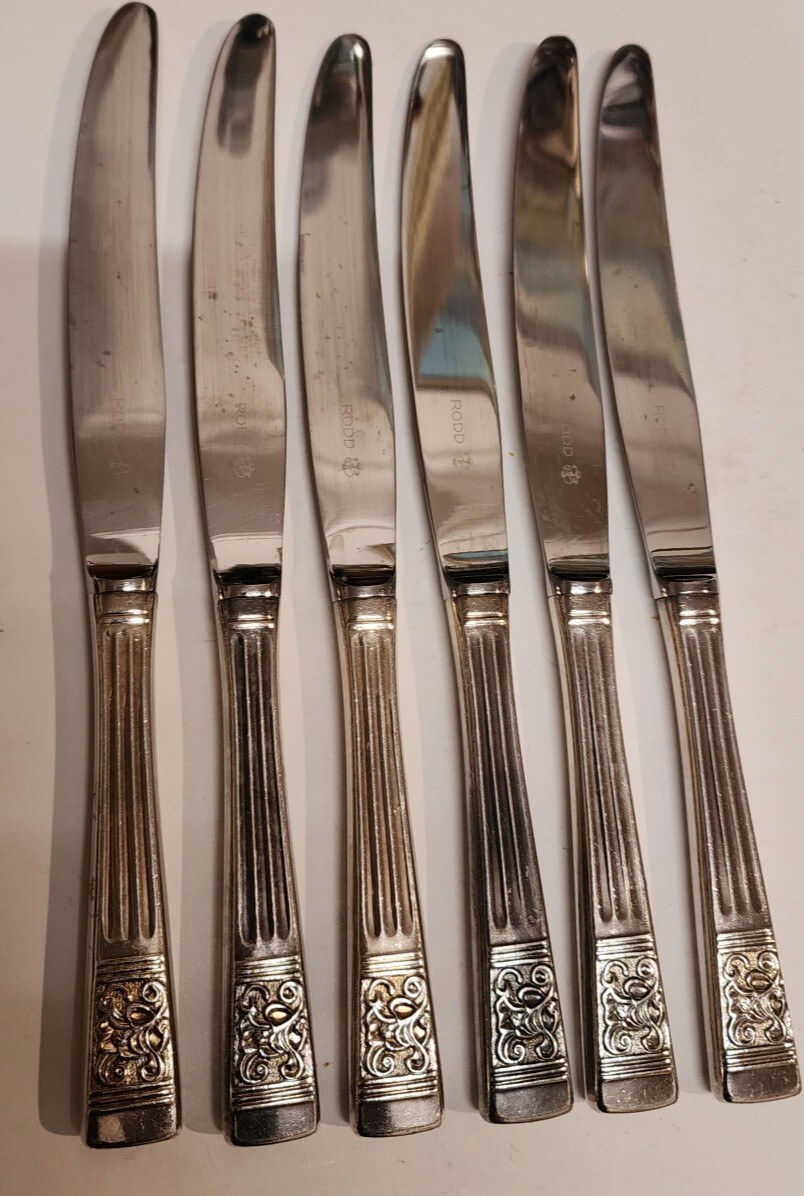 6 VINTAGE RODD SILVER PLATE DINNER KNIVES 23.5CM BERKELEY PATTERN