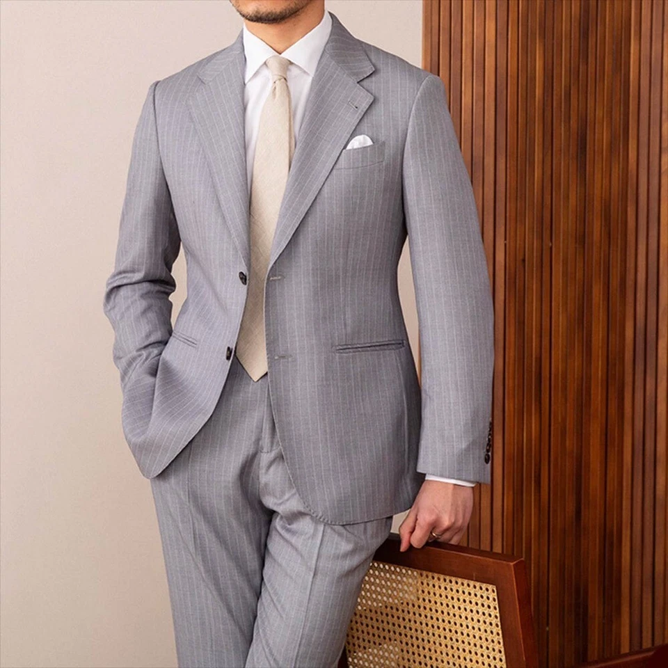 Men Gray Striped Suit Single Breasted Jacket Notch Lapel Party Business Elegant - Image 2 of 4