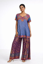 TEAL Blue boho kameez India KURTA print top SHORT SLEEVE ethnic tunic size LARGE