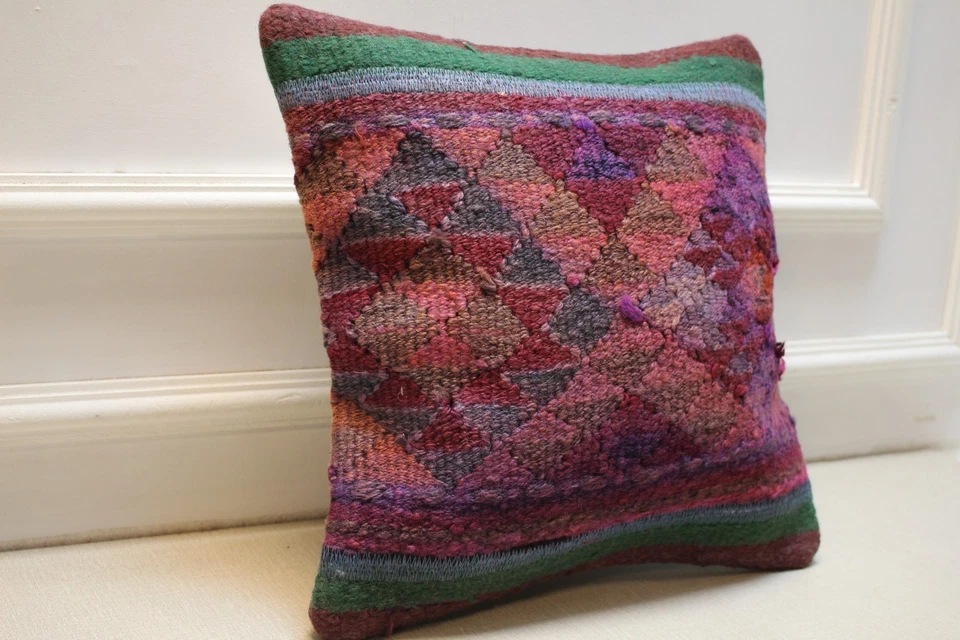 Funda de Almohada Kilim Turca Vintage 16x16" Hecho a Mano Cojín de Lana Púrpura Rojo Verde Foto 4 de 4