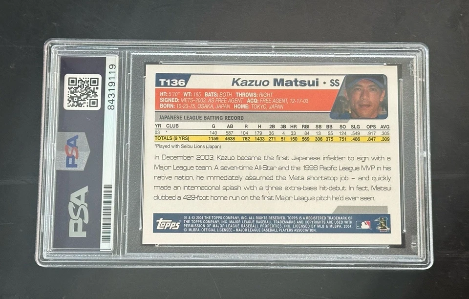 Kazuo Matsui Autografiado 2004 Topps RC NY METS 1er Infielder Japonés en MLB PSA Foto 2 de 3