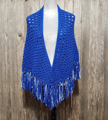 NEW Blue Hand Knitted Shawl Wrap Scarf Boho Hippie Fringe Indie Artsy Coastal