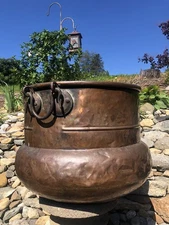 Very Large Antique 1800’s Copper Forged Iron Handles Primitive Cauldron Fire Pot