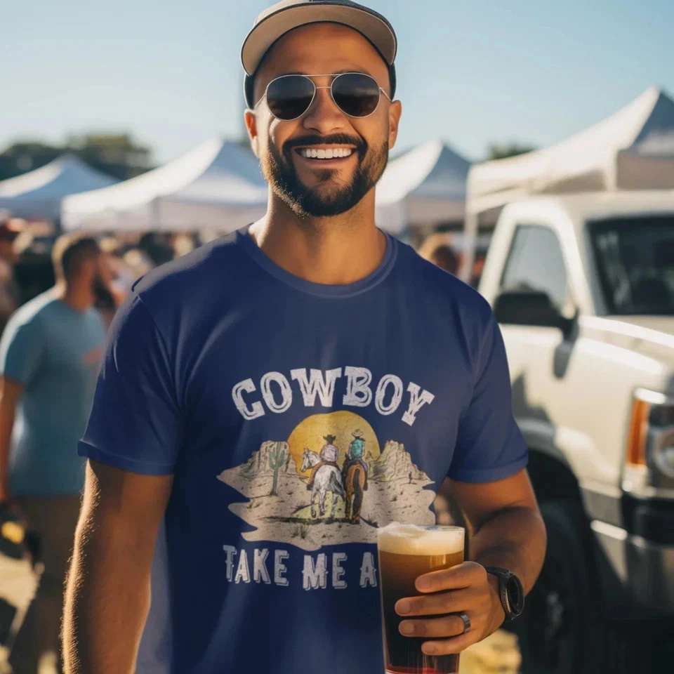 Stylish Unisex Cowboy Shirt: Round Neck Short Sleeve Casual Western Wear
