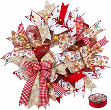 24 Inch Christmas Wreath for Front Door, Pre-Lit Gingerbread Wreath with Snowman