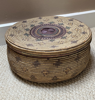 Vintage Rafia Korb mit Deckel groß geflochten Aufbewahrung Ethno Deko Boho Deko