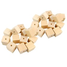 50Pcs Wood Cubes With Hole Unfinished Solid Wooden Beads Block For DIY Craft