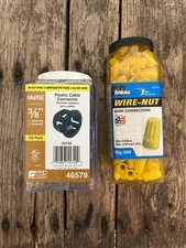 Plastic Black Button Push-in NM Cable Romex Connector, 3/8 + Wire Nuts