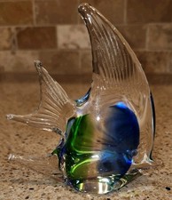 Art Glass Angel Fish Hand Blown Murano Style Paperweight Figurine Blue  Green