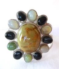 Artisan Multi-Stone Cuff Bracelet 925 Sterling Silver Agate Onyx Moonstone 70.8g