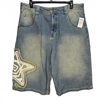 A-Lab Star Mega Rave Denim Shorts 38 NWT Baggy Y2K Cyber Grunge Gorpcore Blue