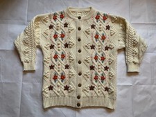 Vintage Hand Knitted Chunky Heavy Wool Cardigan Button Up Floral Design 