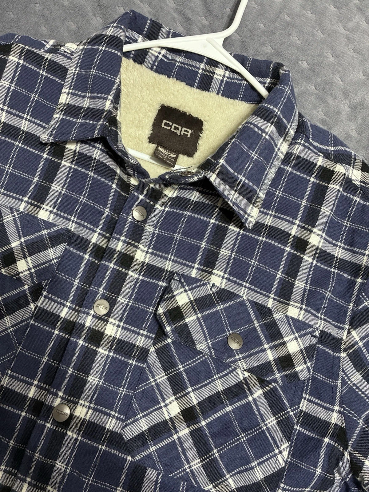 CQR Flannel Quilted Lined Plaid Jacket Shirt L Snap Closure Blue Black