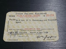Vintage Rare 1942 Union Pacific Railroad Company Railway Pass Ticket
