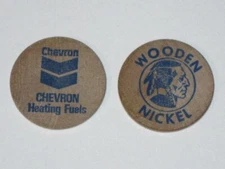 Pair of Vintage 1970s CHEVRON Fuel Oils Promotional WOODEN NICKELS! Indian Head!